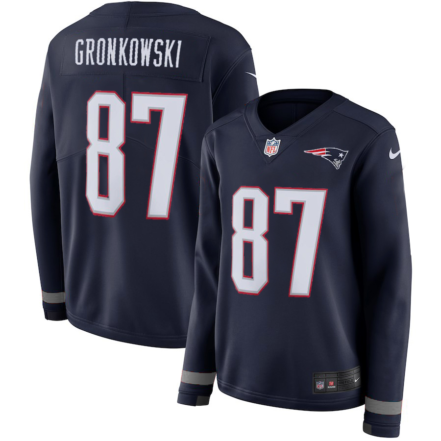 Women's New England Patriots # 87 Rob Gronkowski Navy Therma Long Sleeve Stitched NFL Jersey