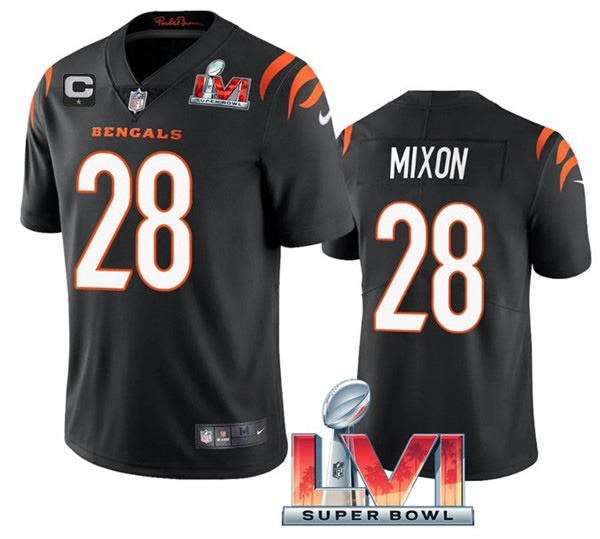 Women's Cincinnati Bengals #28 Joe Mixon 2022 Black With C Patch Super Bowl LVI Vapor Limited Stitched Jersey(Run Small)