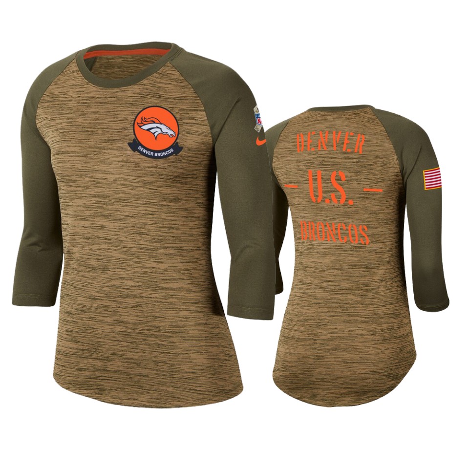 Women's Denver Broncos Khaki 2019 Salute To Service Legend Scoopneck Raglan 3/4 Sleeve T-Shirt(Run Small)