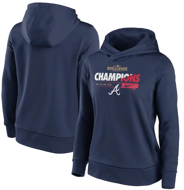 Women's Atlanta Braves 2021 Navy World Series Champions Prize Pullover Hoodie(Run Small)