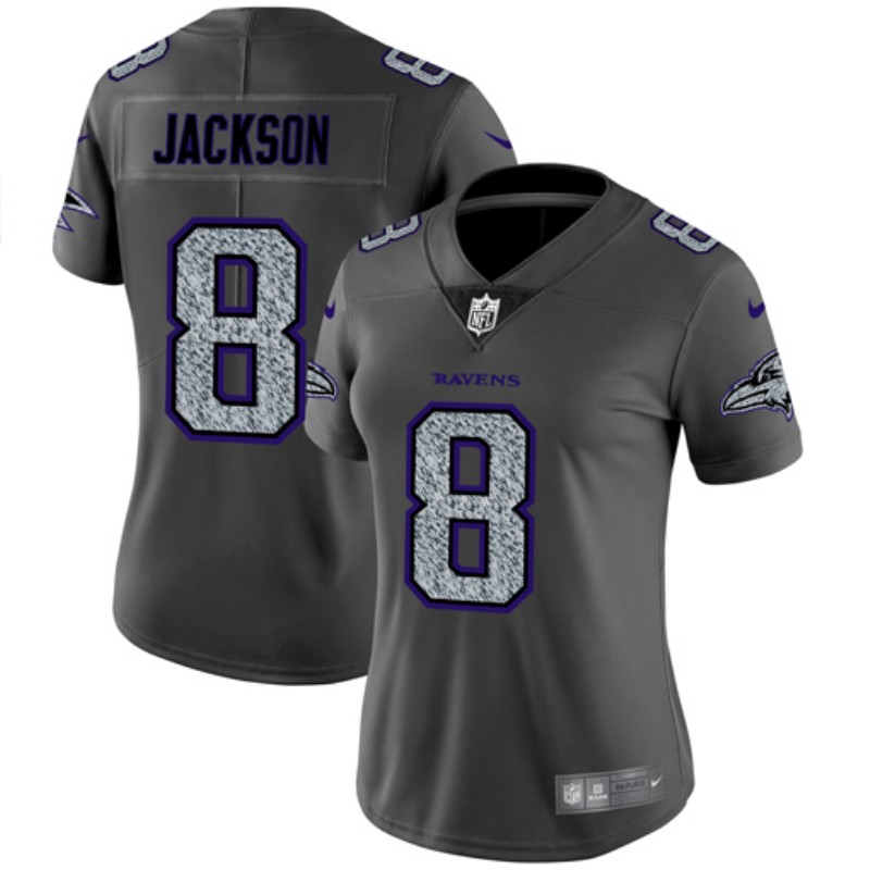 Women's Baltimore Ravens #8 Lamar Jackson 2019 Gray Fashion Static Limited Stitched NFL Jersey(Run Small)