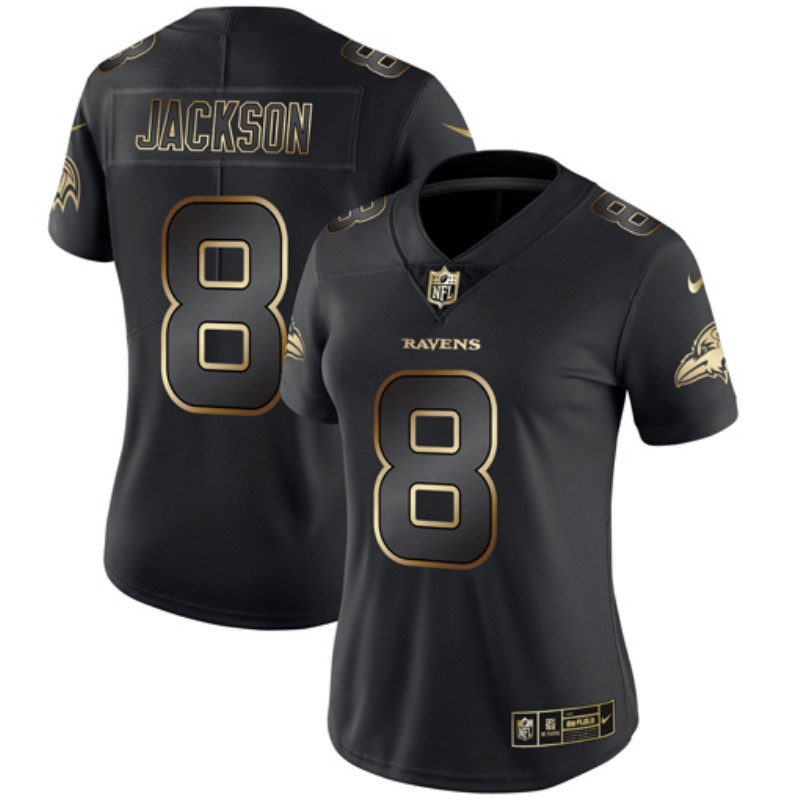 Women's Baltimore Ravens #8 Lamar Jackson 2019 Black Gold Edition Stitched NFL Jersey(Run Small)