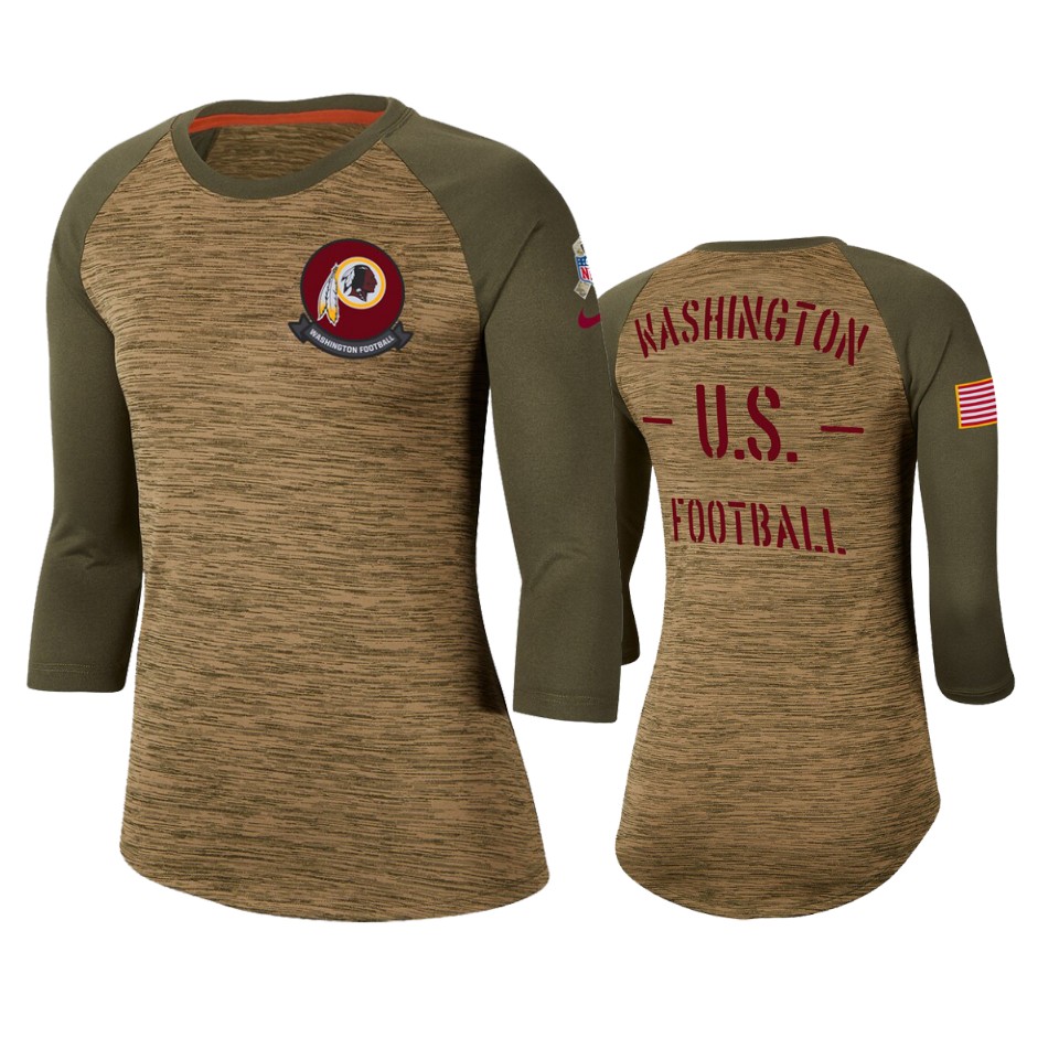 Women's Washington Redskins Khaki 2019 Salute To Service Legend Scoopneck Raglan 3/4 Sleeve T-Shirt(Run Small)