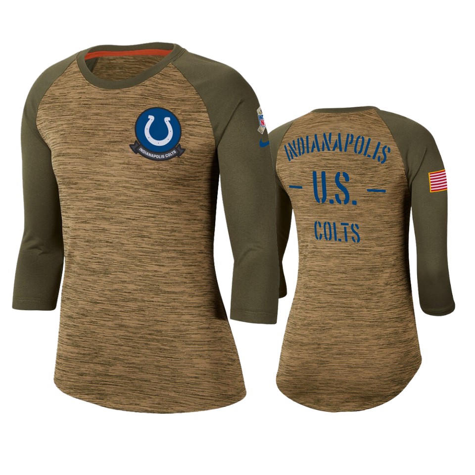 Women's Indianapolis Colts Khaki 2019 Salute To Service Legend Scoopneck Raglan 3/4 Sleeve T-Shirt(Run Small)