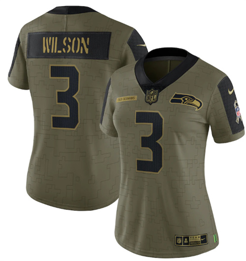 Women's Seattle Seahawks #3 Russell Wilson 2021 Olive Salute To Service Limited Stitched Jersey(Run Small)