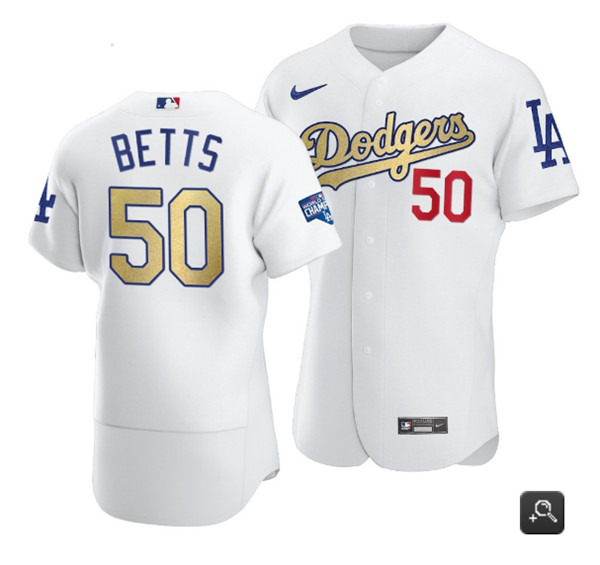 Women's Los Angeles Dodgers #50 Mookie Betts 2021 White Gold World Series Champions Patch Stitched MLB Jersey(Run Small)