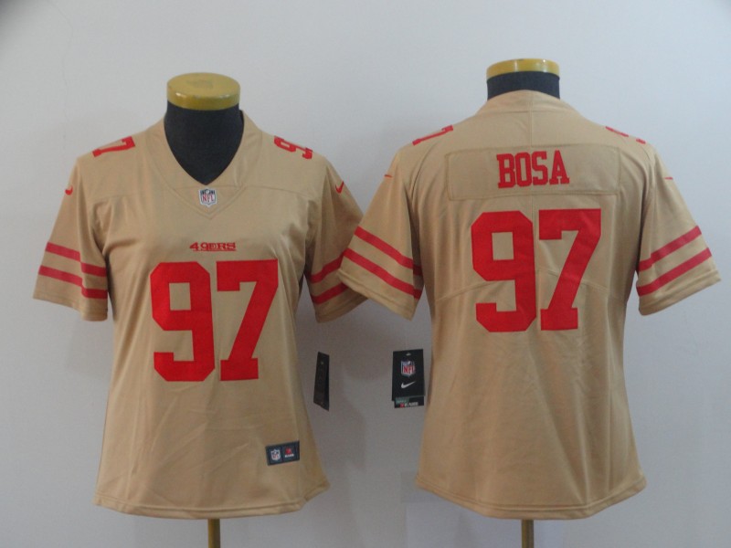 Women's NFL San Francisco 49ers #97 Nick Bosa 2019 Gold Inverted Legend Stitched NFL Jersey(Runs Small)
