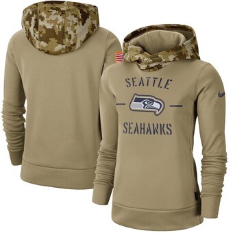 Women's Seattle Seahawks Khaki 2019 Salute To Service Therma Pullover Hoodie(Run Small)