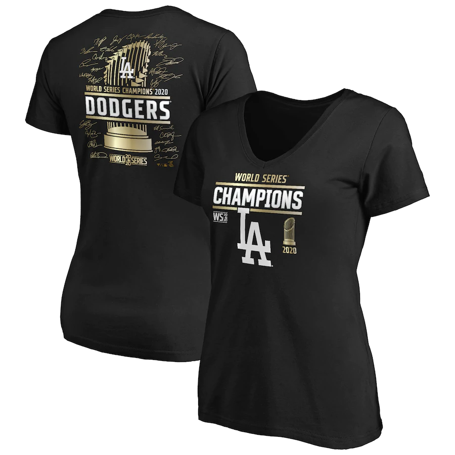 Women's Los Angeles Dodgers Black 2020 World Series Champions Signature Roster V-Neck T-Shirt(Run Small)