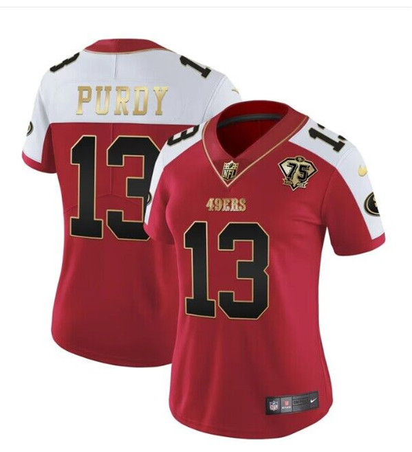 Women's San Francisco 49ers #13 Brock Purdy Red/White Super Bowl XXIX Patch And 75th Anniversary Patch Stitched Game Jersey(Run Small)