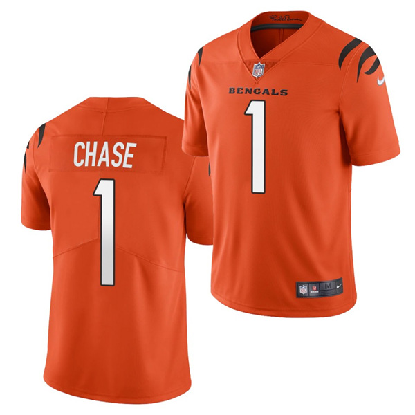 Women's Cincinnati Bengals #1 Ja'Marr Chase 2021 NFL Draft Orange Vapor Limited Stitched NFL Jersey (Run Smaller)
