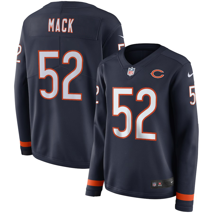Women's Chicago Bears #52 Khalil Mack Navy Therma Long Sleeve Stitched NFL Jersey