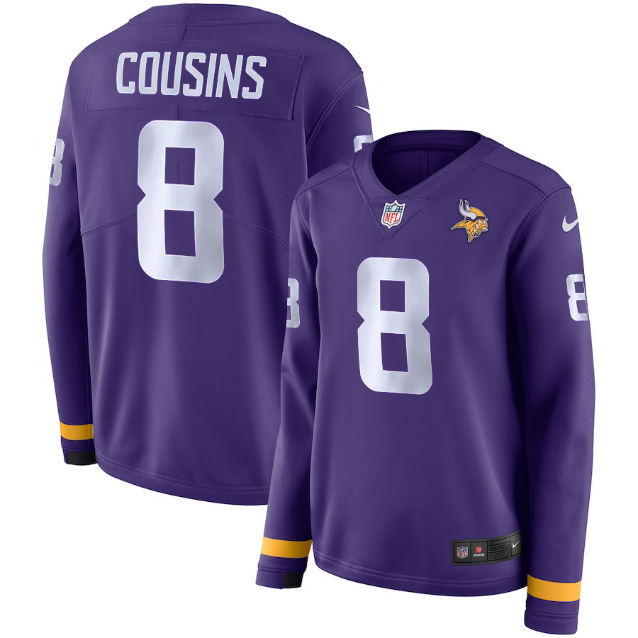 Women's Minnesota Vikings #8 Kirk Cousins Purple Therma Long Sleeve Stitched NFL Jersey
