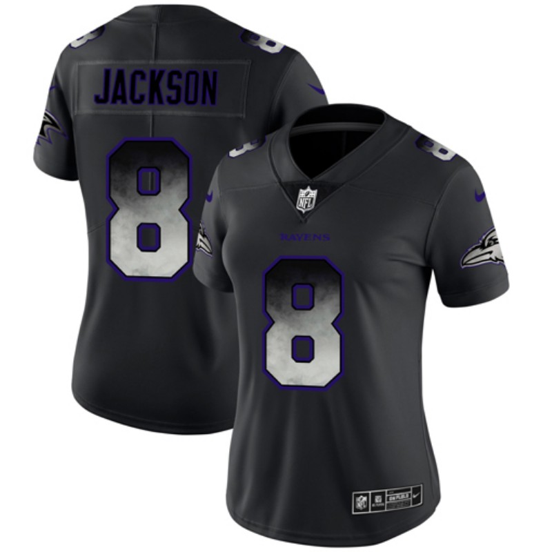 Women's Baltimore Ravens #8 Lamar Jackson Black 2019 Smoke Fashion Limited Stitched NFL Jersey(Run Small)