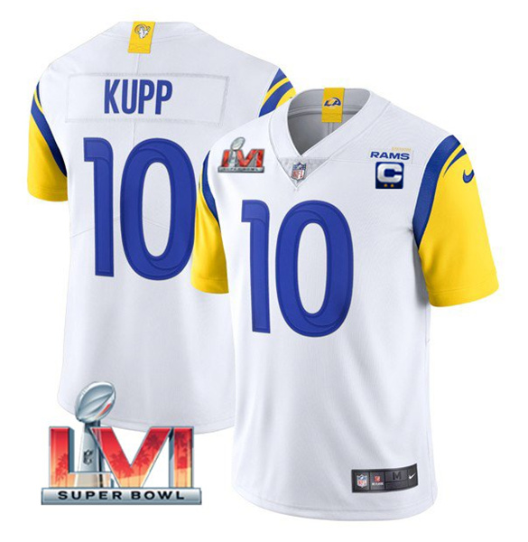 Women's Los Angeles Rams #10 Cooper Kupp 2022 White With C Patch Super Bowl LVI Vapor Limited Jersey(Run Small)