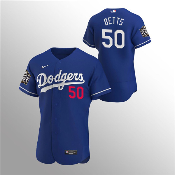 Women's Los Angeles Dodgers #50 Mookie Betts Royal 2020 World Series Champions Home Patch MLB Stitched Jersey(Run Small)