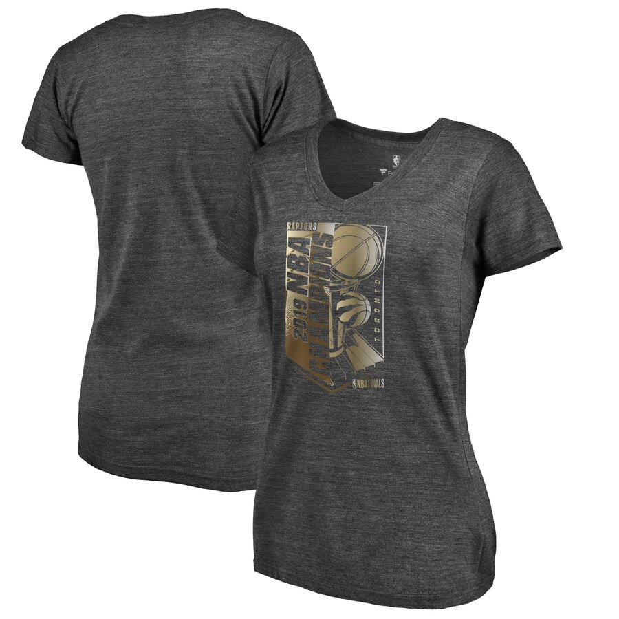 Women's Toronto Raptors Heather Charcoal 2019 NBA Finals ChampionsMax Bling Gold Luxe T-Shirt