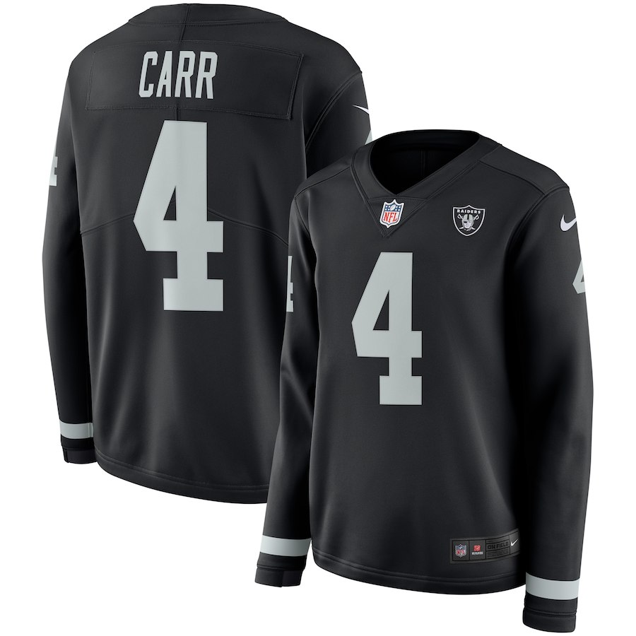 Women's NFL Oakland Raiders #4 Derek Carr Black Therma Long Sleeve Stitched NFL Jersey