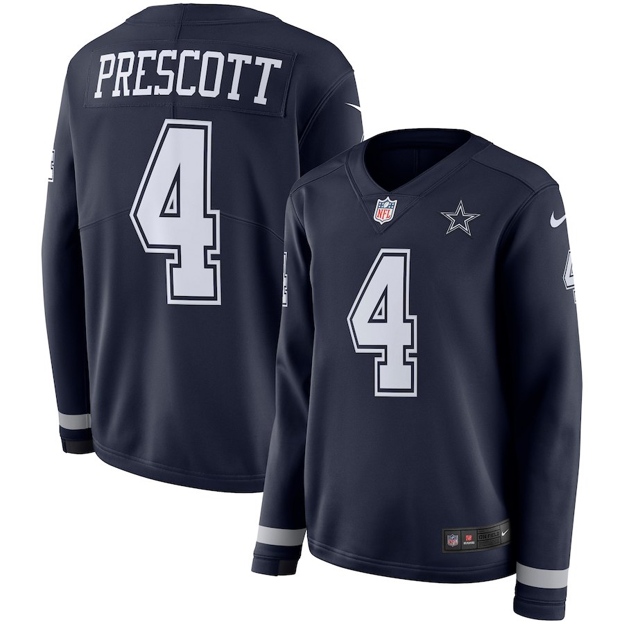 Women's Cowboys #4 Dak Prescott Navy Therma Long Sleeve Stitched NFL Jersey