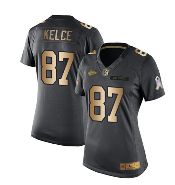 Women's Kansas City Chiefs #87 Travis Kelce 2023 Black/Gold Salute To Service Limited Football Stitched Jersey(Run Small)