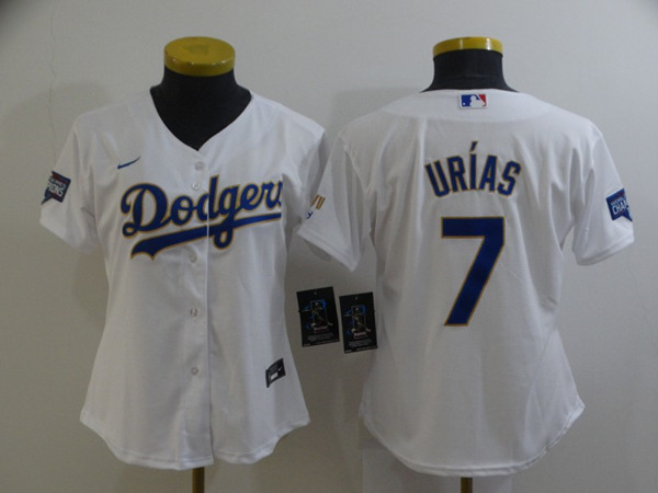Women's Los Angeles Dodgers #7 Julio Urias White Gold Championship Cool Base Stitched Jersey(Run Small)