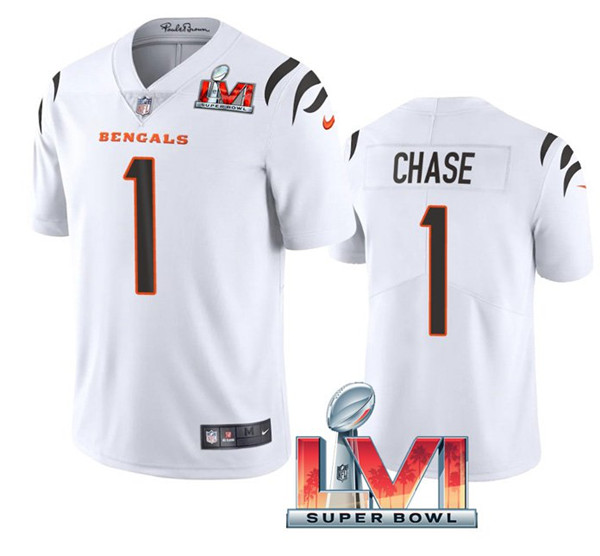 Women's Cincinnati Bengals #1 Ja'Marr Chase 2022 White Super Bowl LVI Vapor Limited Stitched Jersey(Run Small)