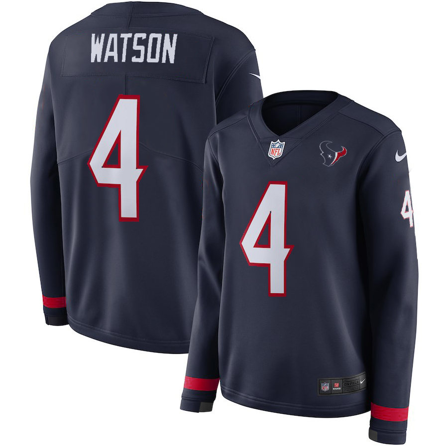 Women's Houston Texans #4 Deshaun Watson NavyTherma Long Sleeve Stitched NFL Jersey