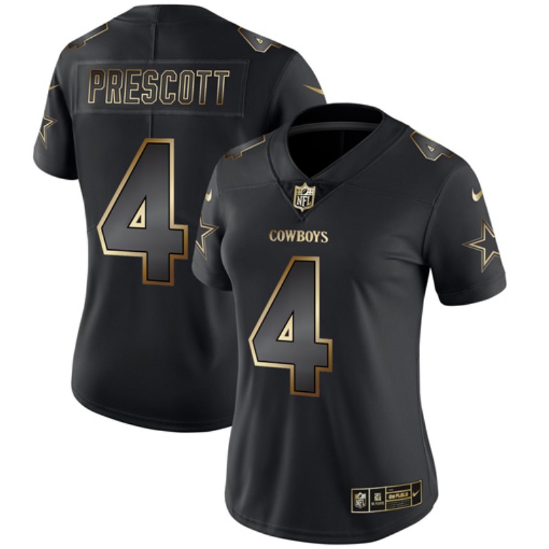 Women's Dallas Cowboys #4 Dak Prescott 2019 Black Gold Edition Stitched NFL Jersey(Run Small)