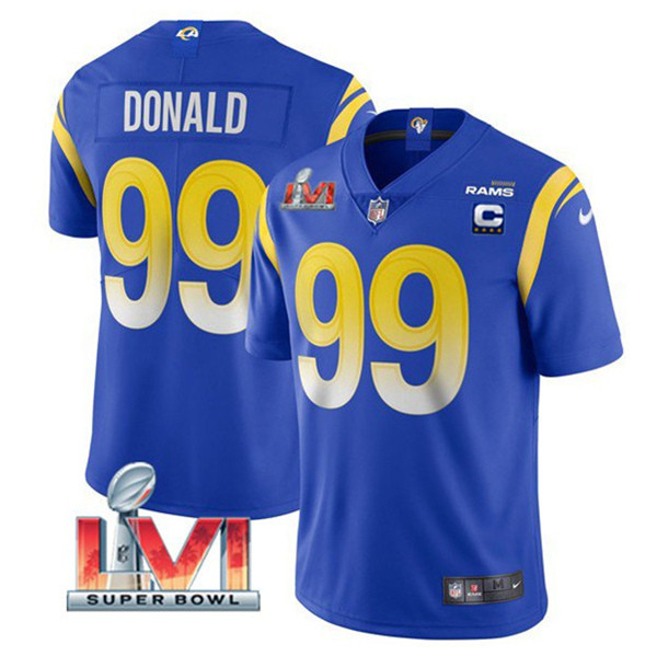 Women's Los Angeles Rams #99 Aaron Donald Royal 2022 With C Patch Super Bowl LVI Vapor Limited Jersey(Run Small)