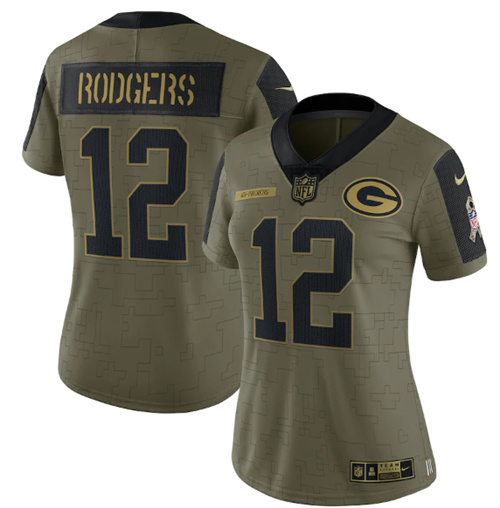 Women's Green Bay Packers #12 Aaron Rodgers 2021 Olive Salute To Service Limited Stitched Jersey(Run Small)