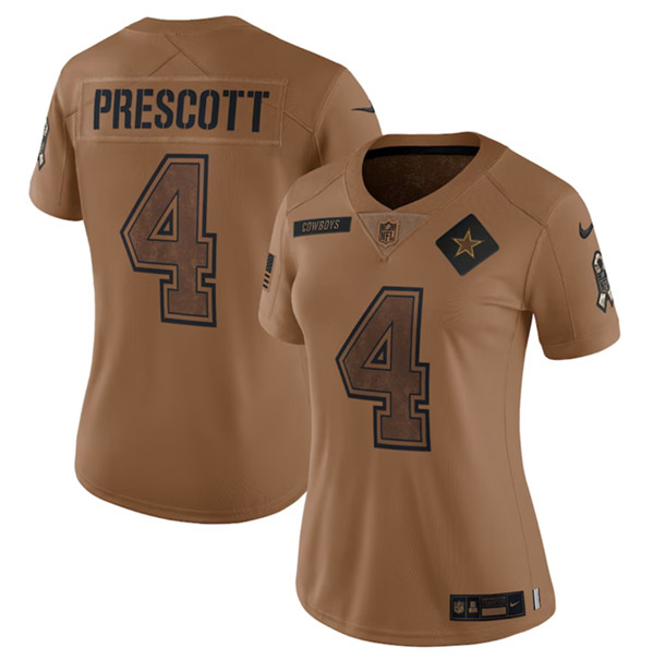 Women's Dallas Cowboys #4 Dak Prescott 2023 Brown Salute To Service Limited Football Stitched Jersey(Run Small)