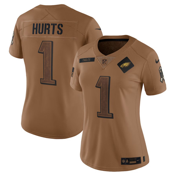 Women's Philadelphia Eagles #1 Jalen Hurts 2023 Brown Salute To Service Limited Football Stitched Jersey(Run Small)