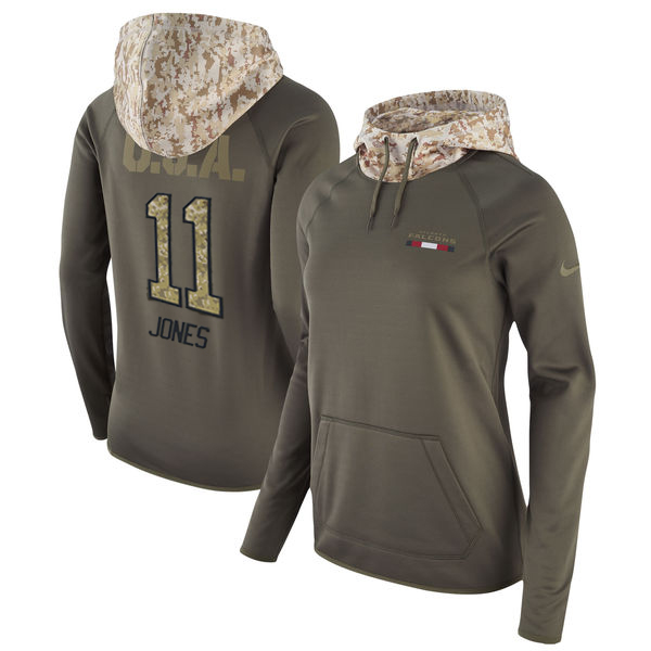 Women's Atlanta Falcons #11 Julio Jones Olive Salute to Service Sideline Therma Pullover Hoodie