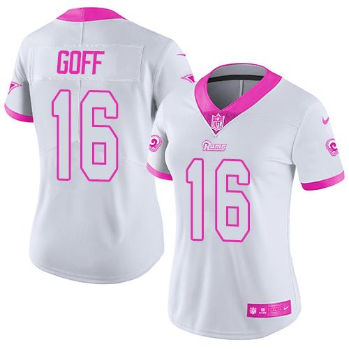 Nike Rams #16 Jared Goff White/Pink Women's Stitched NFL Limited Rush Fashion Jersey