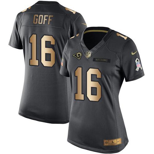 Nike Rams #16 Jared Goff Black Women's Stitched NFL Limited Gold Salute to Service Jersey