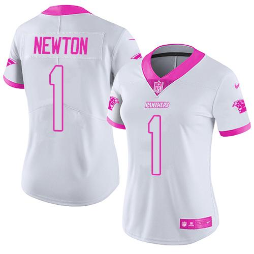 Nike Panthers #1 Cam Newton White/Pink Women's Stitched NFL Limited Rush Jersey(Run Small)