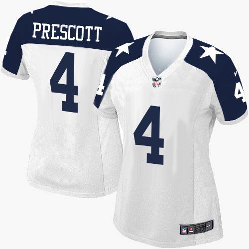 Nike Cowboys #4 Dak Prescott White Thanksgiving Throwback Women's Stitched NFL Elite Jersey