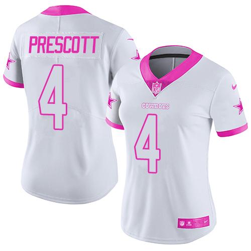 Nike Cowboys #4 Dak Prescott White/Pink Women's Stitched NFL Limited Rush Fashion Jersey