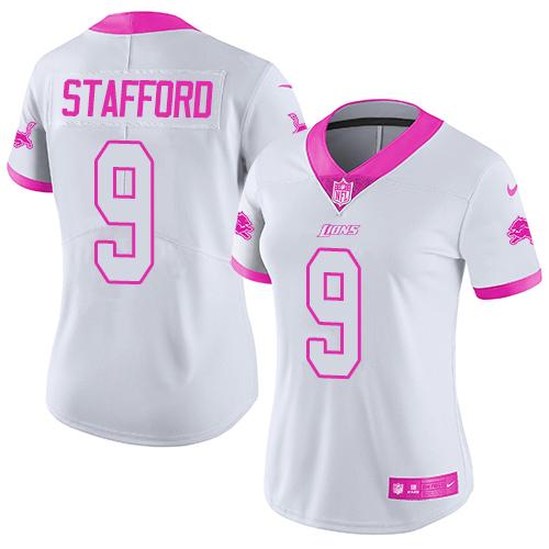 Nike Lions #9 Matthew Stafford White/Pink Women's Stitched NFL Limited Rush Fashion Jersey