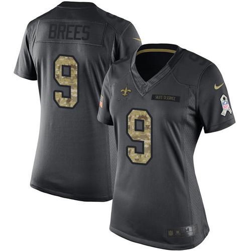 Nike Saints #9 Drew Brees Black Women's Stitched NFL Limited 2016 Salute to Service Jersey
