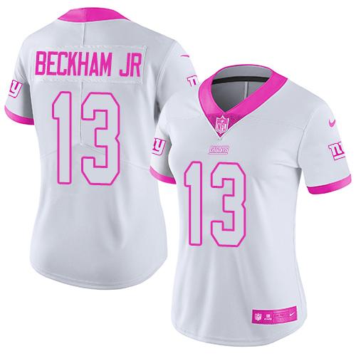 Nike Giants #13 Odell Beckham Jr White/Pink Women's Stitched NFL Limited Rush Fashion Jersey