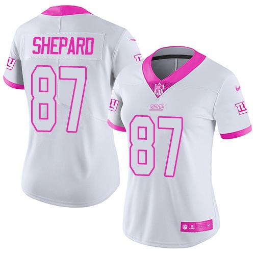 Nike Giants #87 Sterling Shepard White/Pink Women's Stitched NFL Limited Rush Fashion Jersey