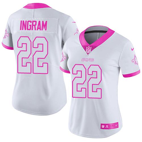 Nike Saints #22 Mark Ingram White/Pink Women's Stitched NFL Limited Rush Fashion Jersey
