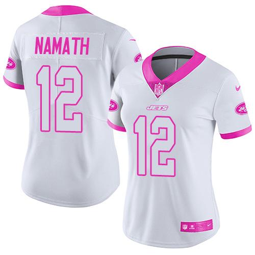 Nike Jets #12 Joe Namath White/Pink Women's Stitched NFL Limited Rush Fashion Jersey