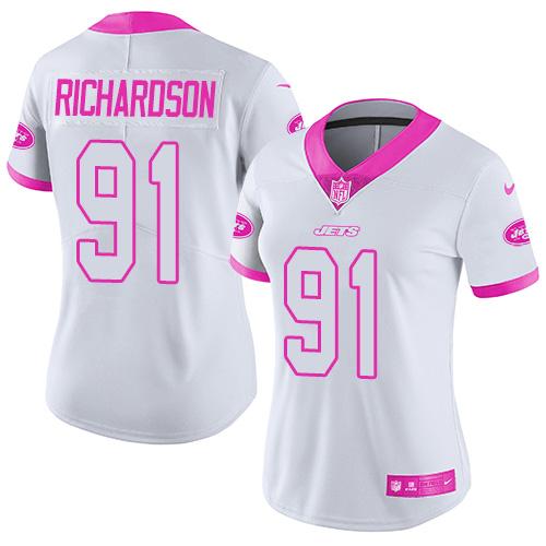 Nike Jets #91 Sheldon Richardson White/Pink Women's Stitched NFL Limited Rush Fashion Jersey