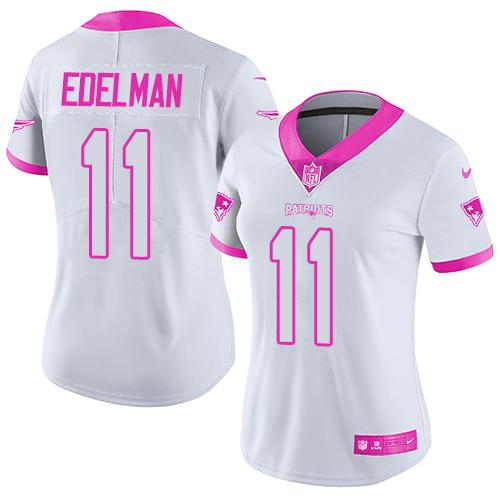 Nike Patriots #11 Julian Edelman White/Pink Women's Stitched NFL Limited Rush Fashion Jersey