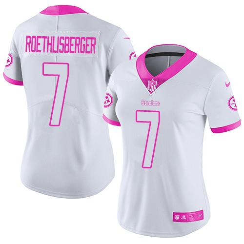 Nike Steelers #7 Ben Roethlisberger White/Pink Women's Stitched NFL Limited Rush Fashion Jersey