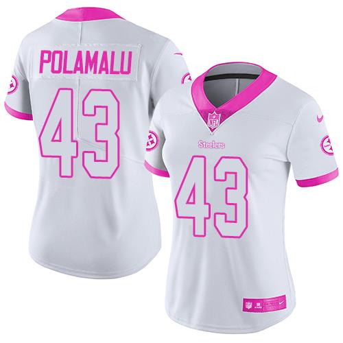 Nike Steelers #43 Troy Polamalu White/Pink Women's Stitched NFL Limited Rush Jersey(Run Small)