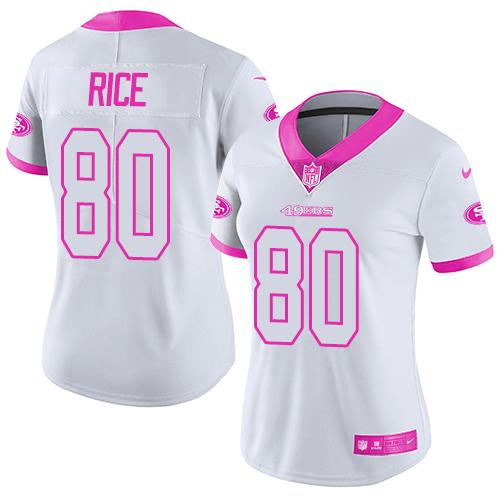 Nike 49ers #80 Jerry Rice White/Pink Women's Stitched NFL Limited Rush Fashion Jersey
