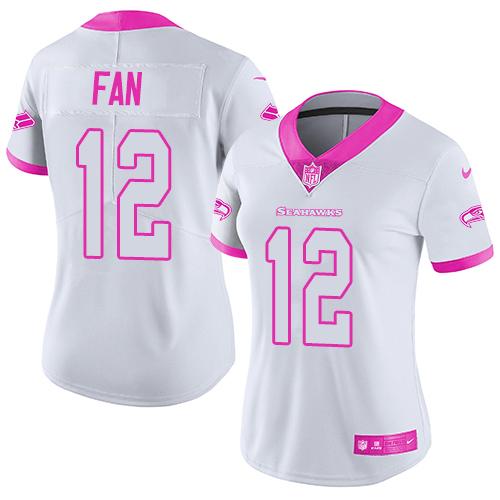 Nike Seahawks #12 Fan White/Pink Women's Stitched NFL Limited Rush Fashion Jersey
